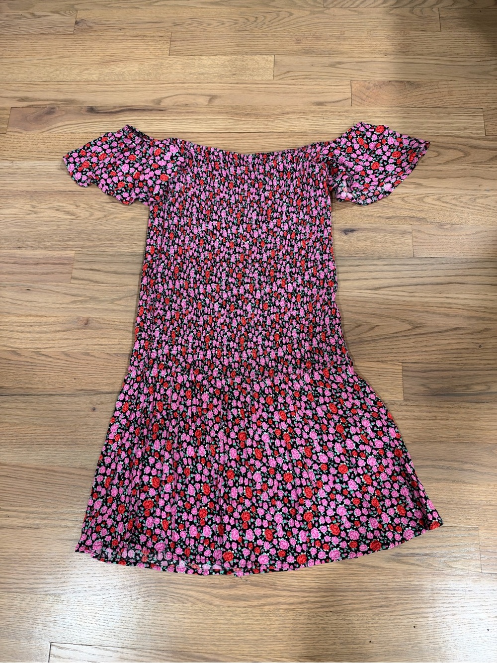 Pink Floral Off-Shoulder, Drop Waist Dress